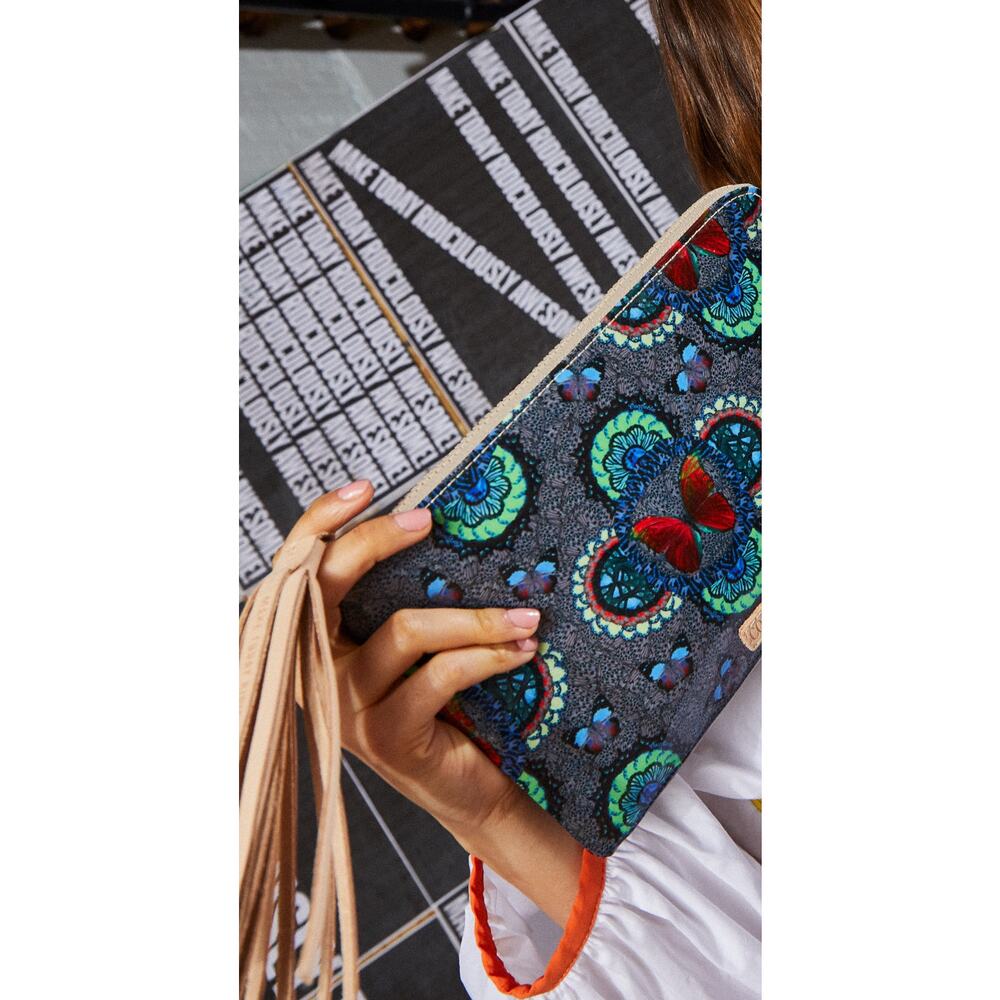 Consuela Blue & Teal Butterfly Print Wristlet with Red Accents